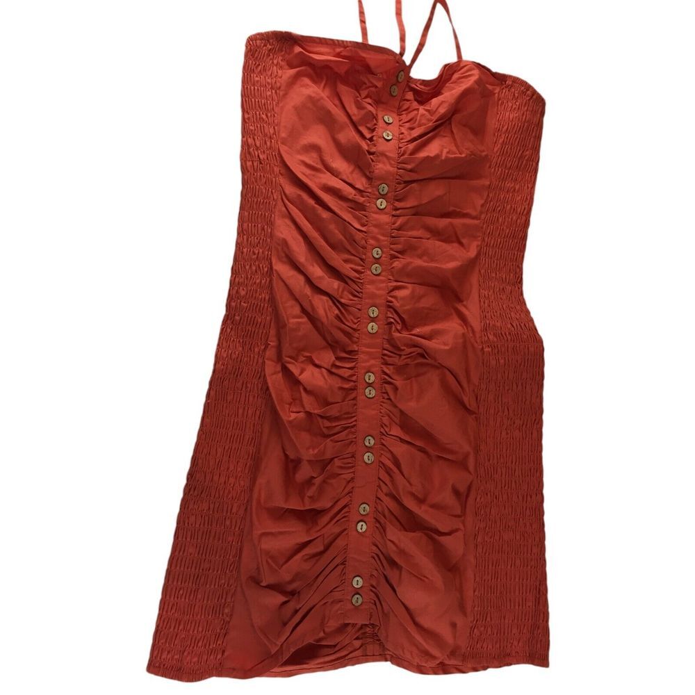 Free People Hold On Mini Dress Red Rust Size L Smocked Ruched Button Front NWT
